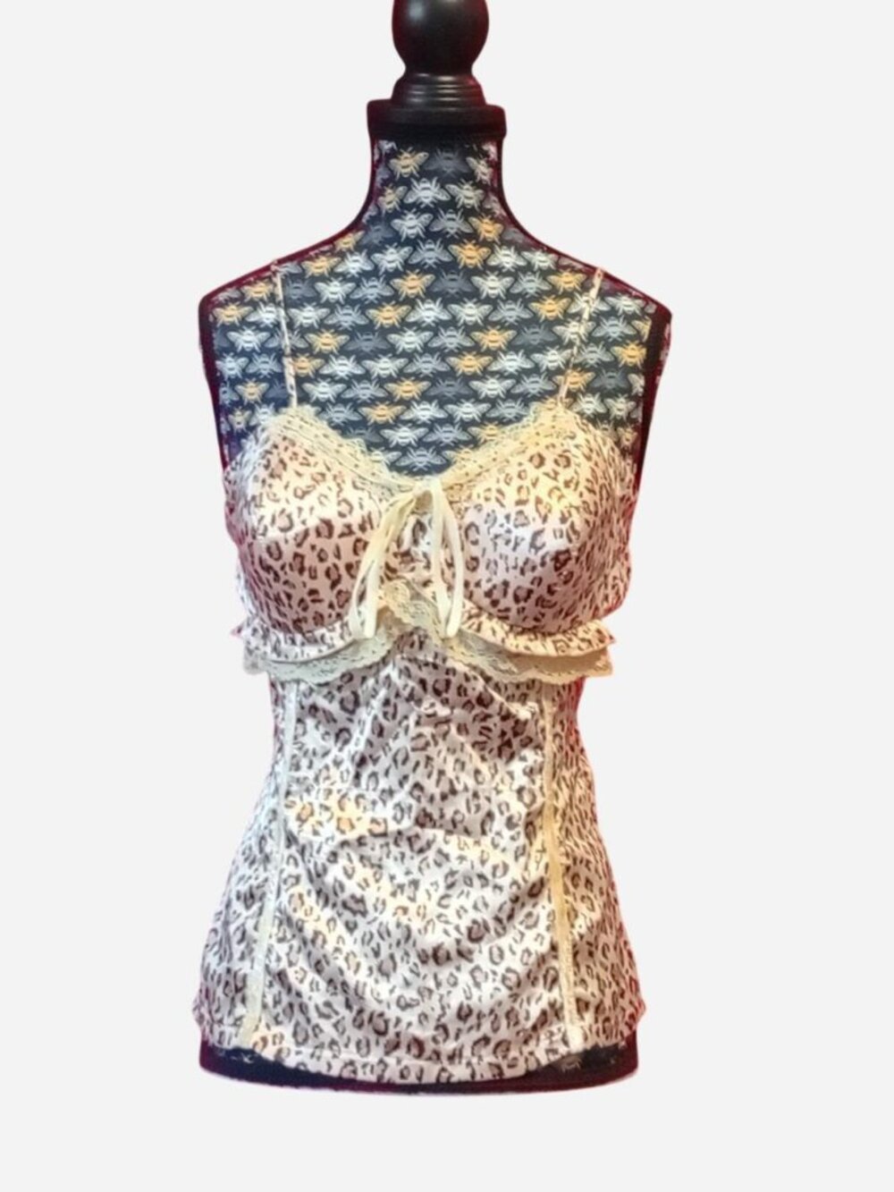 Leopard print cami top lingerie with lace trim and velvet bow detail